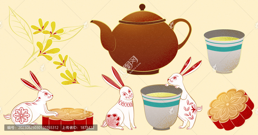 花纹玉兔与中秋赏月茶点桂花元素集合