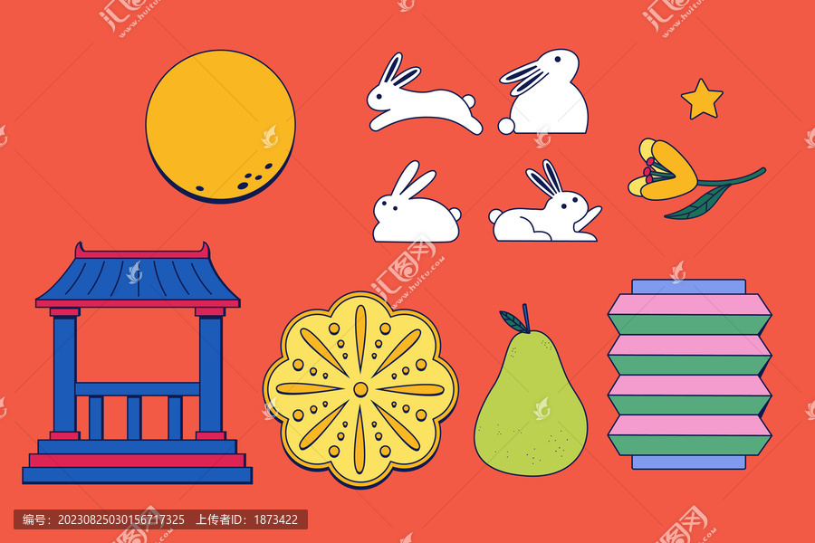 可爱多角度卡通白兔与中秋节日装饰物集合