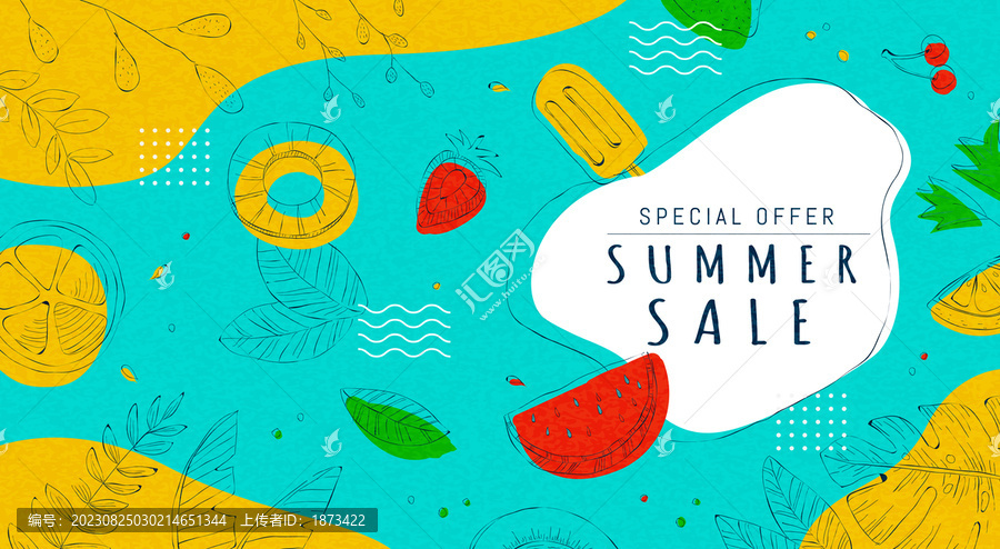 手绘线条风格热带水果夏季促销广告海报