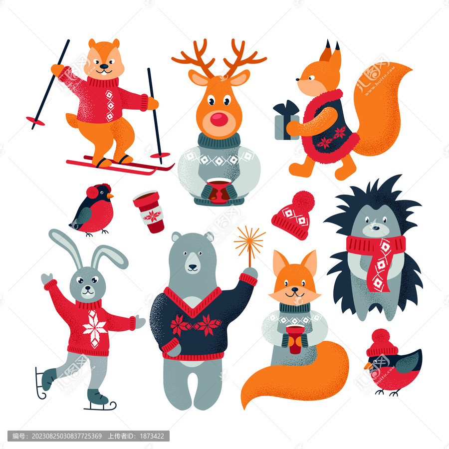 冬季圣诞节森林动物集合插图