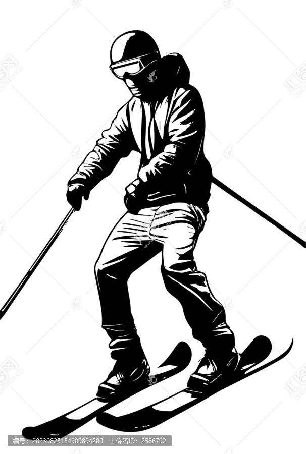 滑雪扁平黑白插画