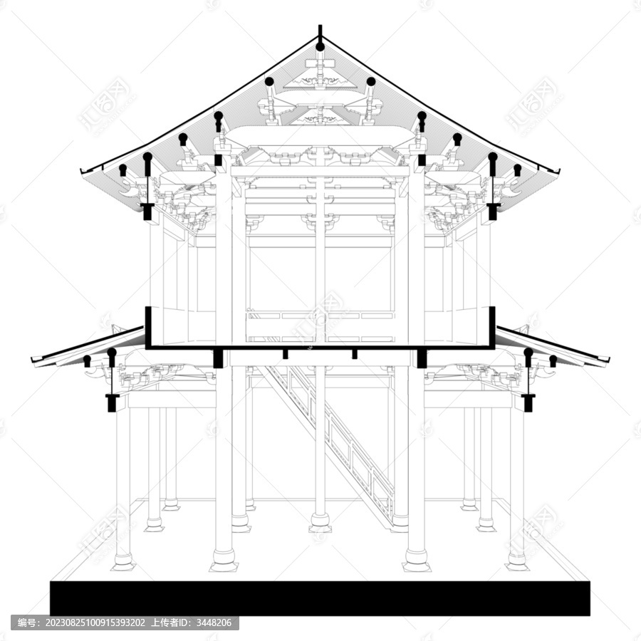 扁作楼厅横剖面线稿图