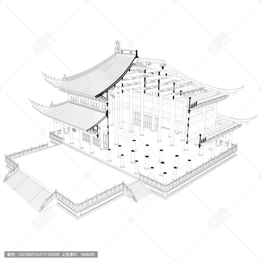 重檐廡殿立體剖面線稿圖