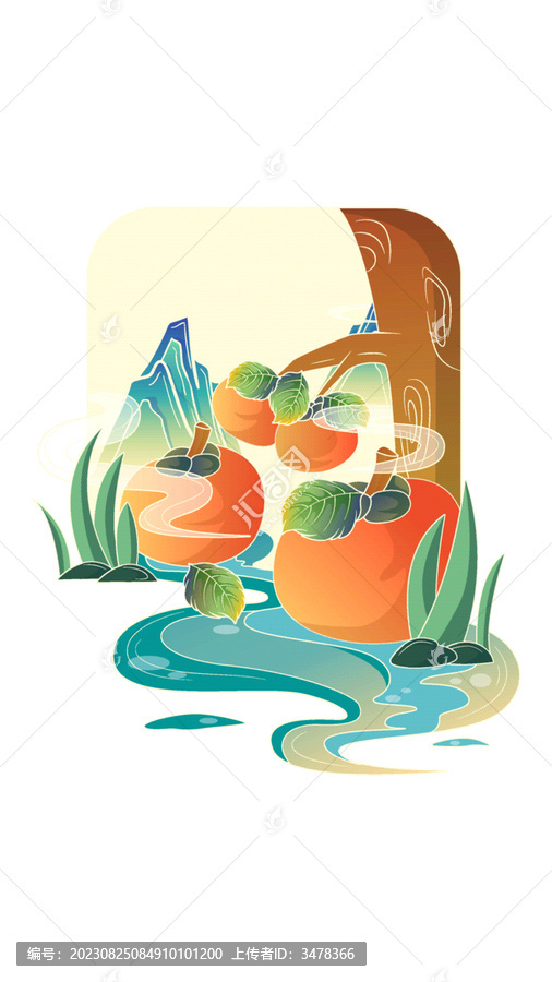 柿子靠著樹在小溪上國風(fēng)插畫