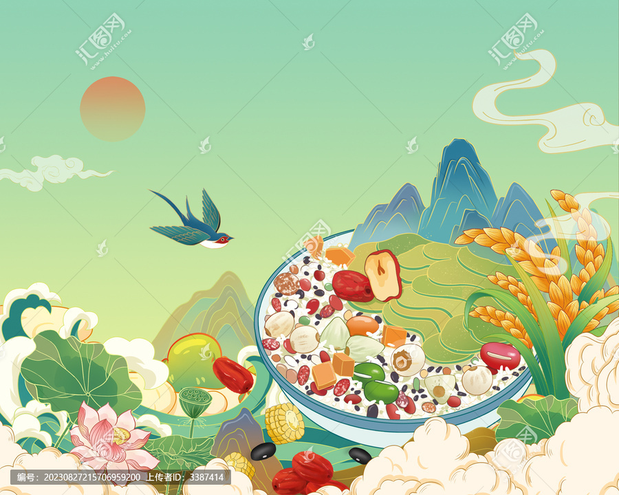 中國風五谷雜糧粥手繪插畫