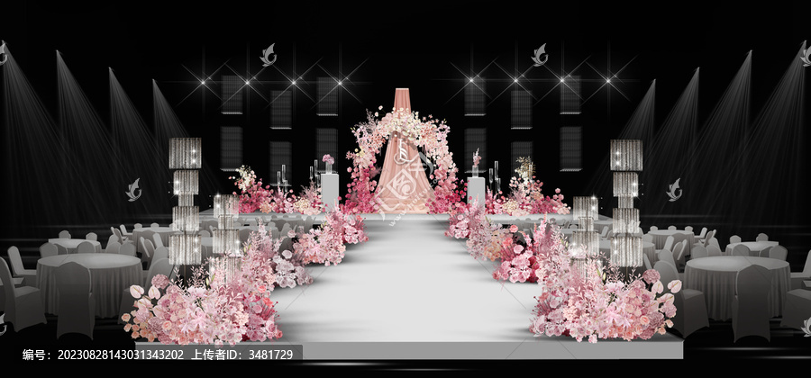 婚礼玫红粉色布幔舞台效果图