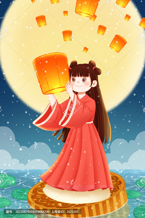 中秋節(jié)插畫女孩賞月放孔明燈