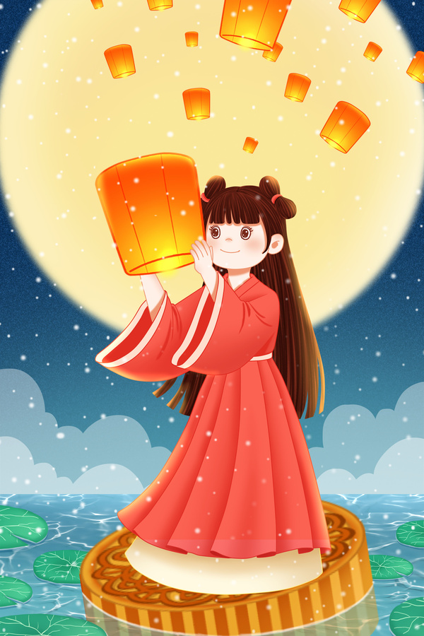 中秋節(jié)插畫女孩賞月放孔明燈