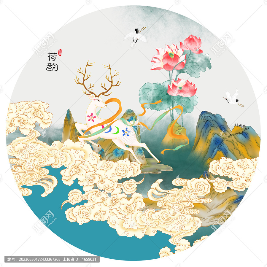 麋鹿國(guó)潮山水祥云插畫