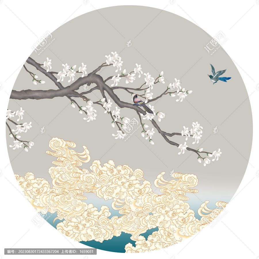 圓形玉蘭花鳥