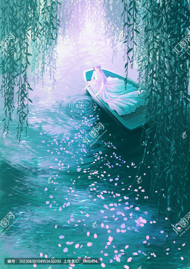 女孩湖上撒花唯美插畫
