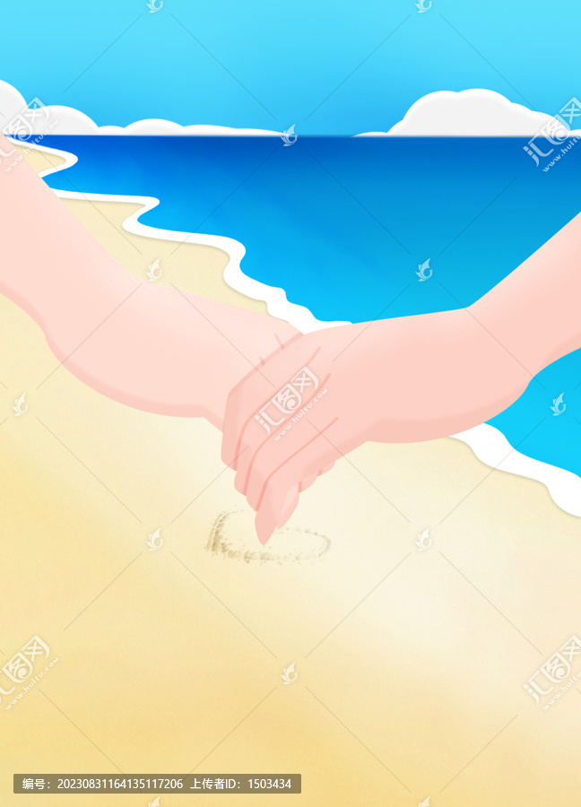 夏日沙滩手牵手散步的情侣
