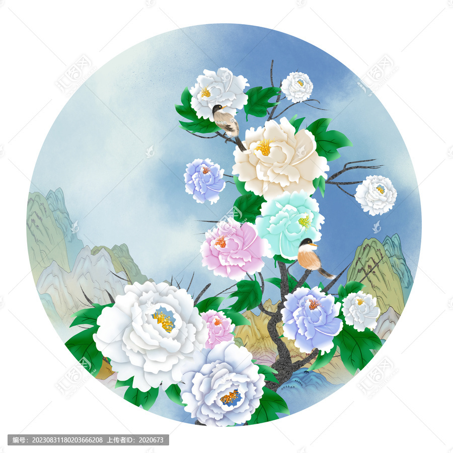 牡丹花山水插畫