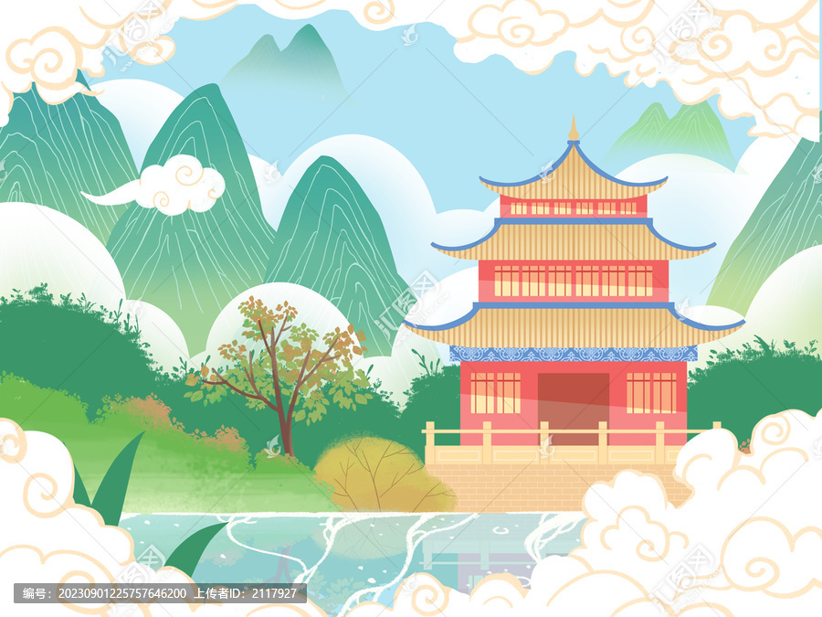國潮插畫古樓植物山水風景