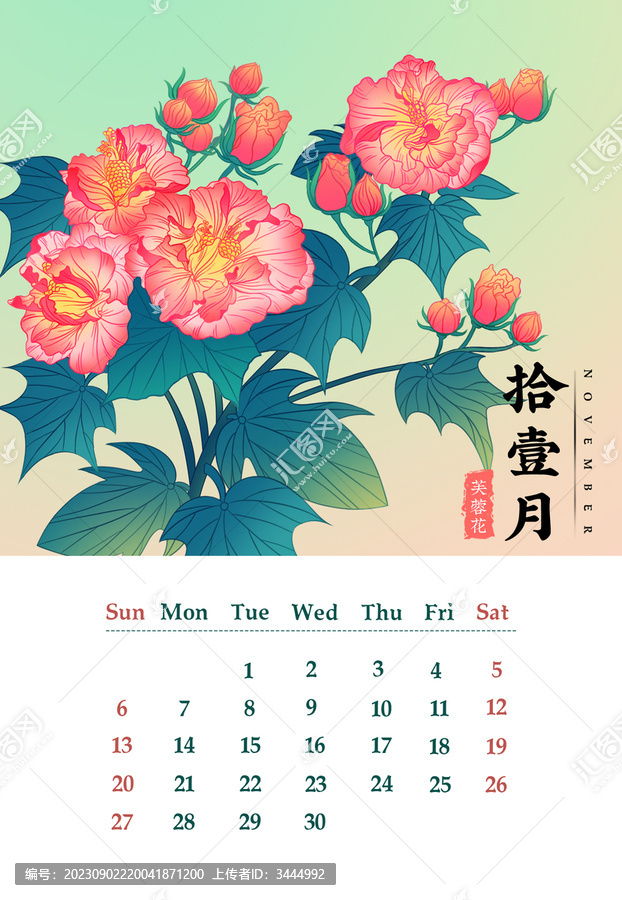 國風日歷十二月花卉插畫芙蓉花