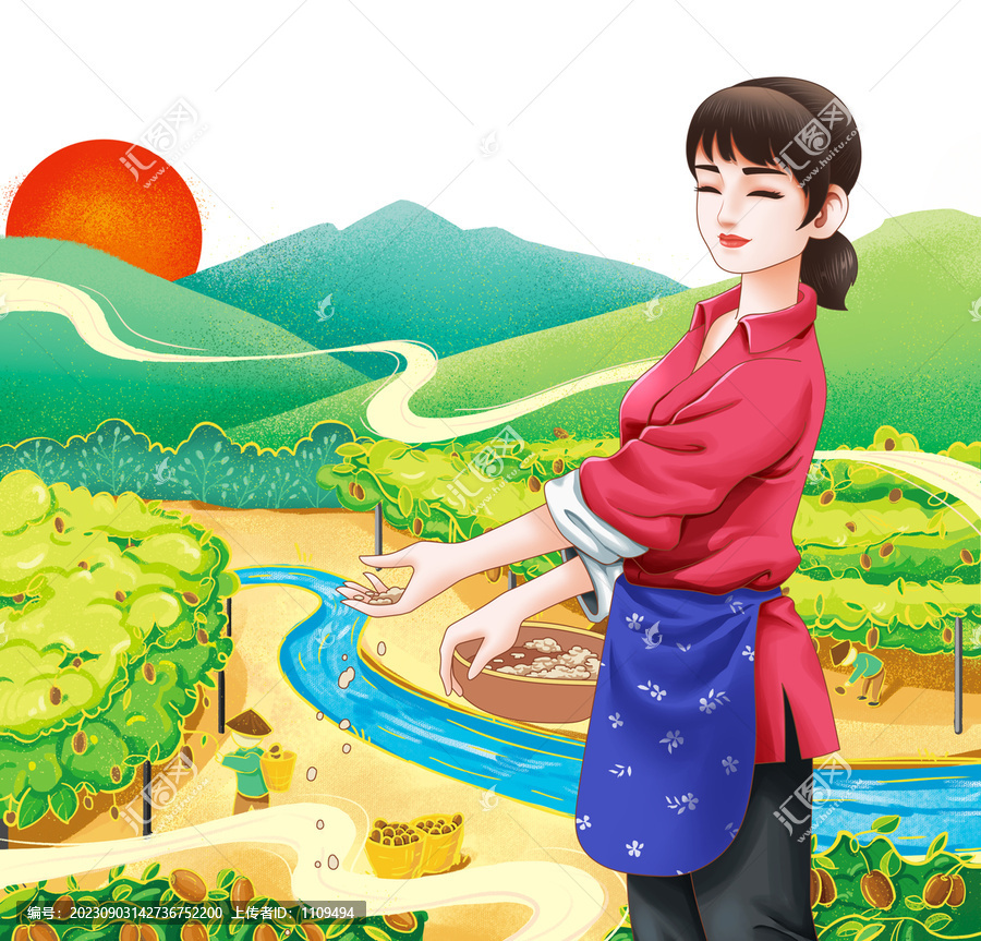 農(nóng)村女孩獼猴桃采摘插畫