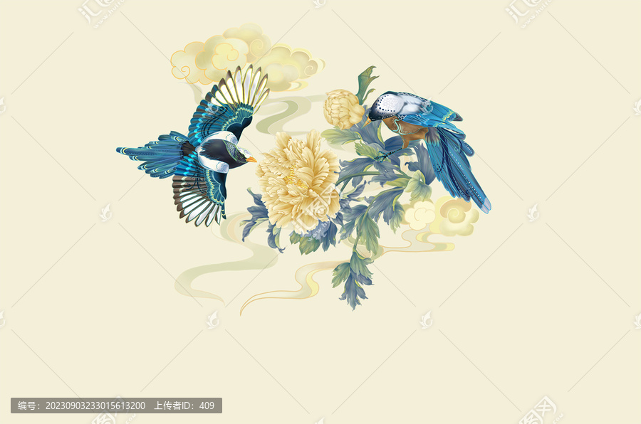 國潮插畫牡丹喜鵲