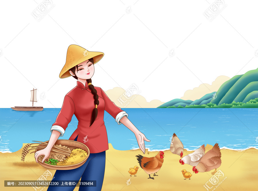 海邊農(nóng)村少女五谷雜糧喂雞