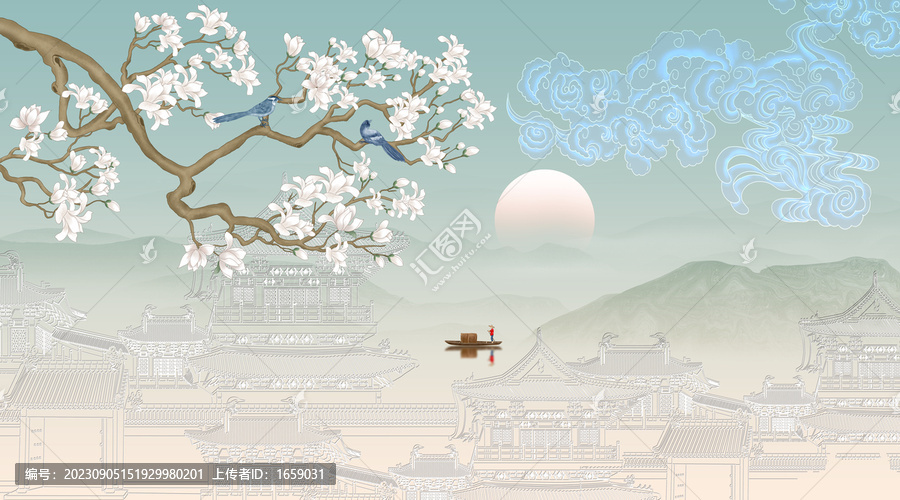 線描花鳥閣樓山水