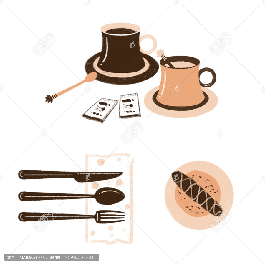 插画下午茶咖啡杯面包刀叉子