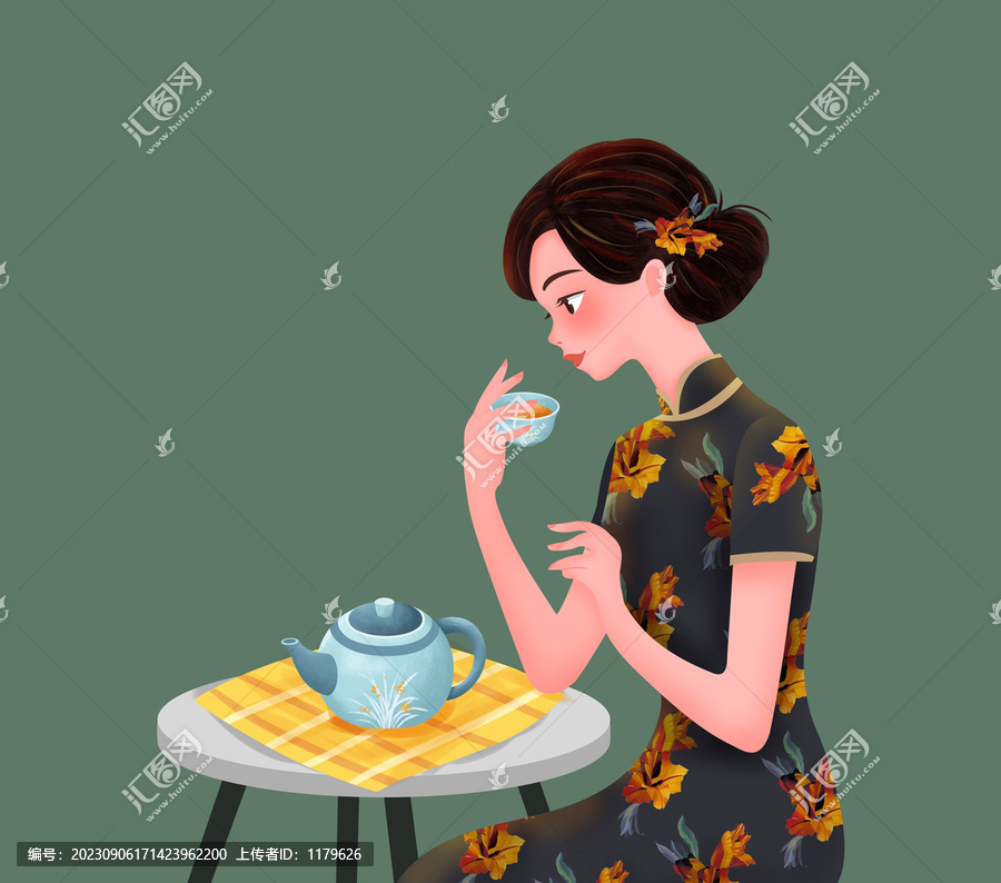 旗袍喝茶女孩插畫