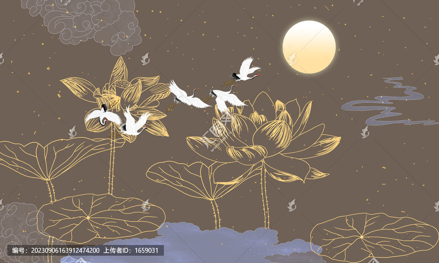 荷花金色線條背景墻