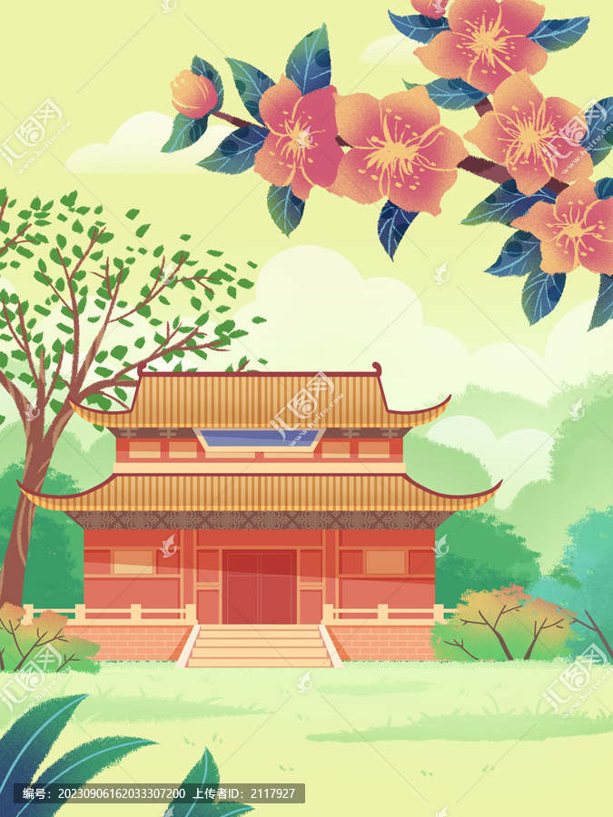 国风插画古楼宫殿植物花卉风景