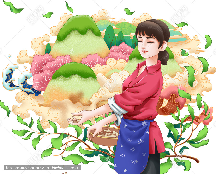 農(nóng)村女孩喂雞插畫