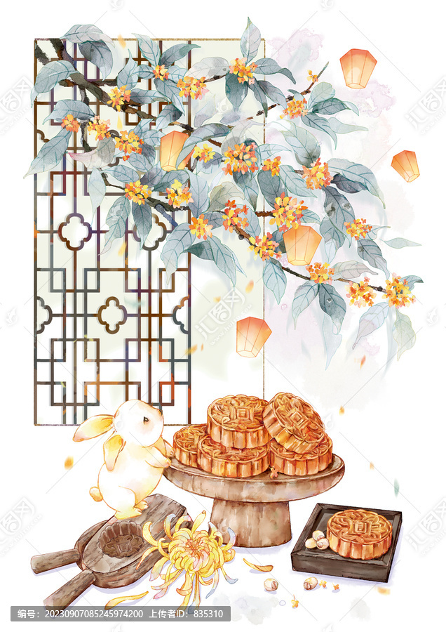 手繪中秋兔子月餅插畫