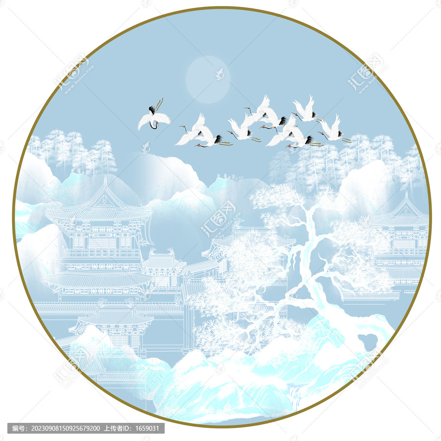 線描刺繡迎客松古建筑