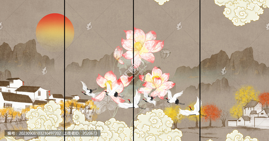 復(fù)古祥云山水壁畫(huà)墻紙