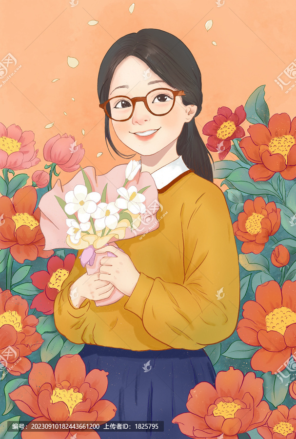 花卉女孩手繪插畫(huà)