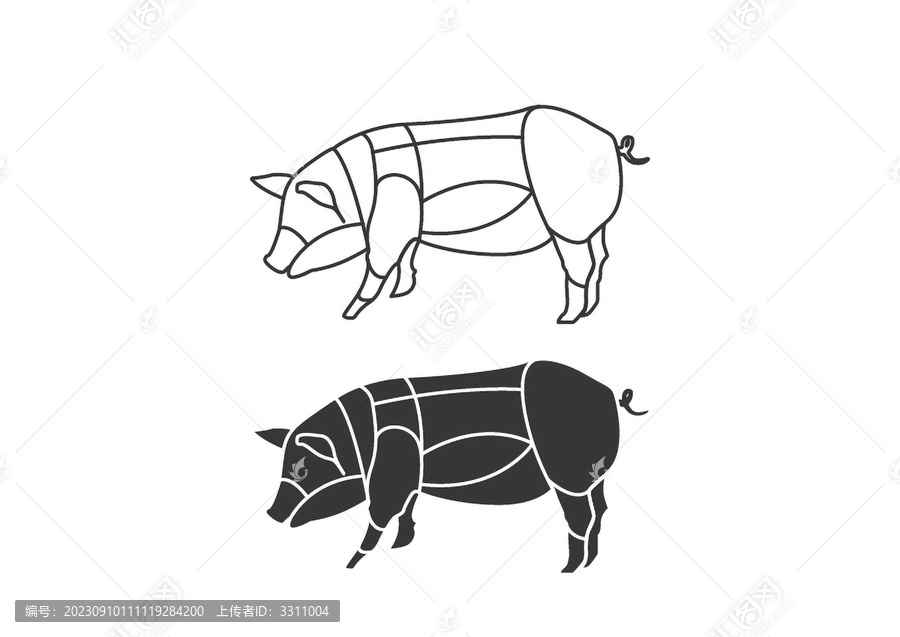 豬部位圖分割矢量扁平插畫圖