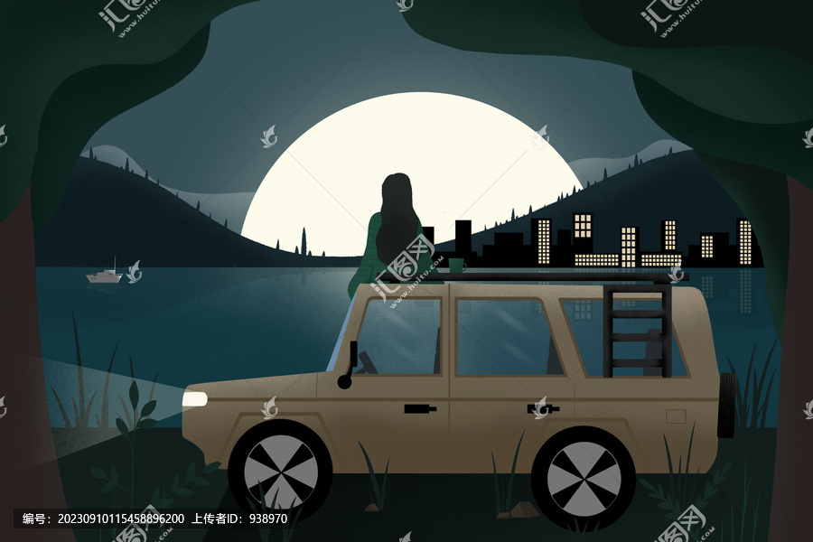 一位女孩在吉普車車頂觀月