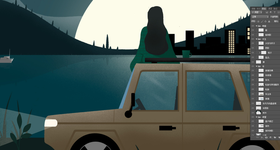 一位女孩在吉普車車頂觀月