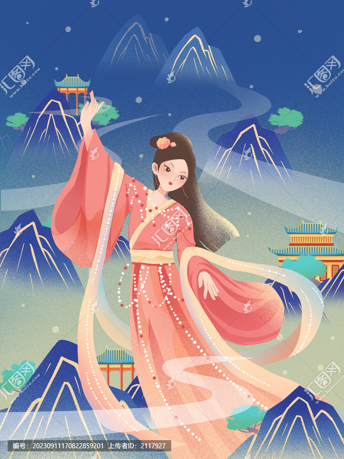 國(guó)潮插畫群山和粉色服飾女子