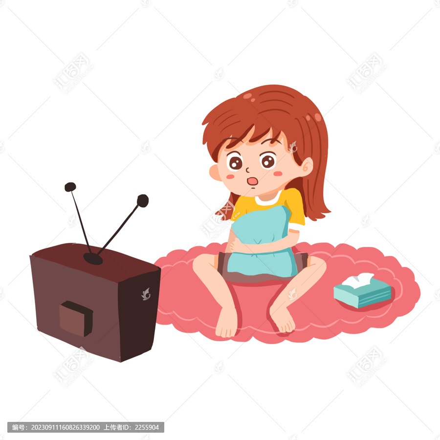 手繪卡通小女孩看電視免摳元素