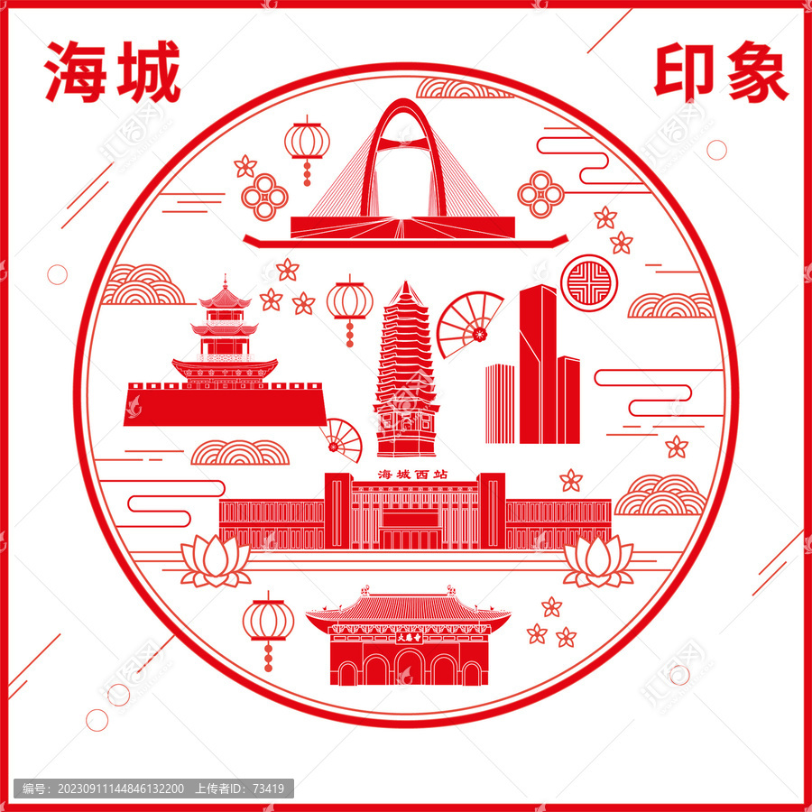 海城市窗花剪紙年畫(huà)地標(biāo)圖案