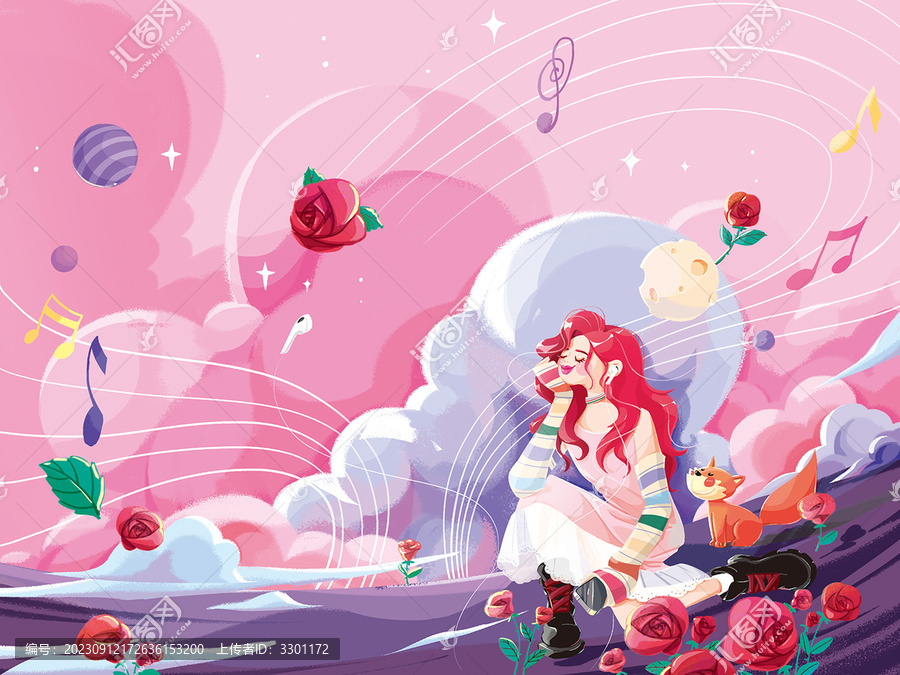 粉紅少女音樂玫瑰手繪插畫素材