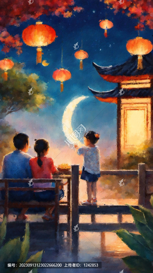 中秋節(jié)一家人賞月厚涂風(fēng)插畫
