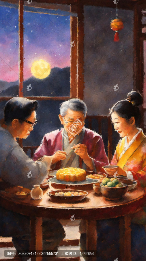 中秋一家人油畫(huà)風(fēng)格手繪插畫(huà)