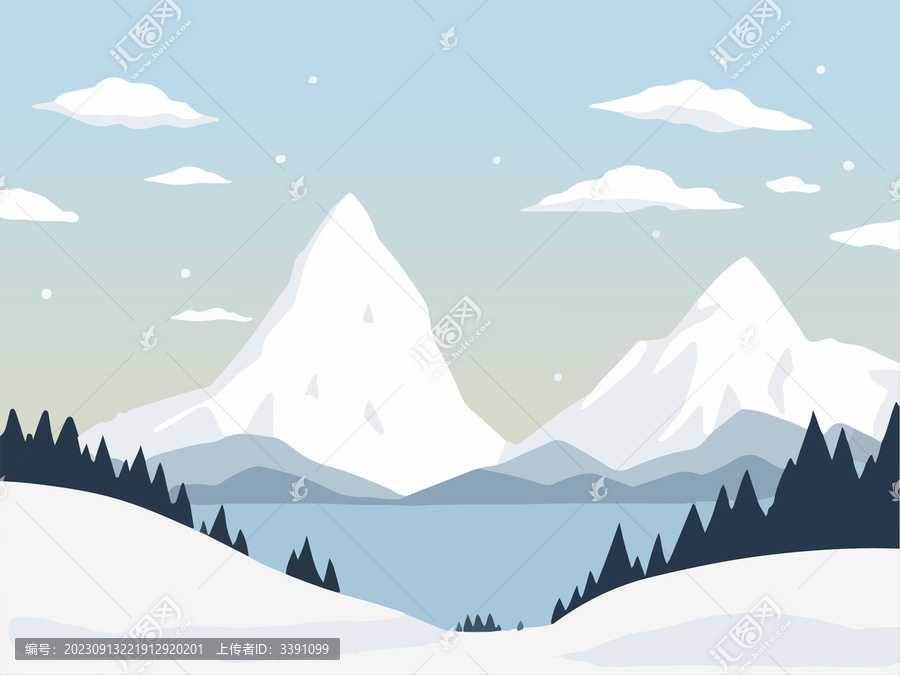 雪山湖扁平插畫