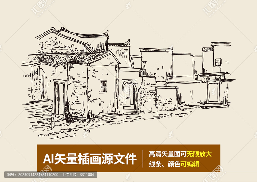 古鎮(zhèn)農戶老屋老宅農村線稿