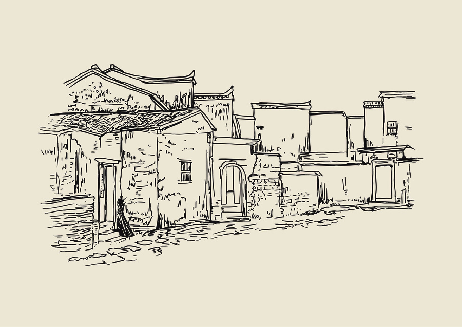 古鎮(zhèn)農戶老屋老宅農村線稿