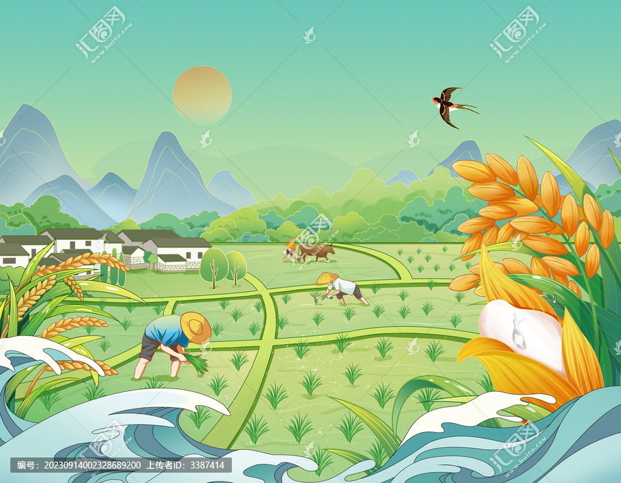 國風(fēng)農(nóng)村田野大米手繪插畫