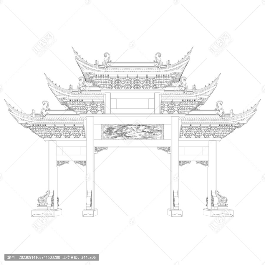 蘇式牌樓立面線稿圖