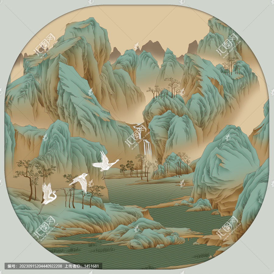 青綠山水山溪白鷺圖