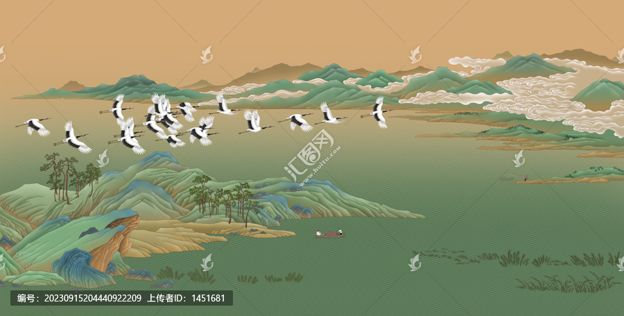 青綠山水仙鶴圖