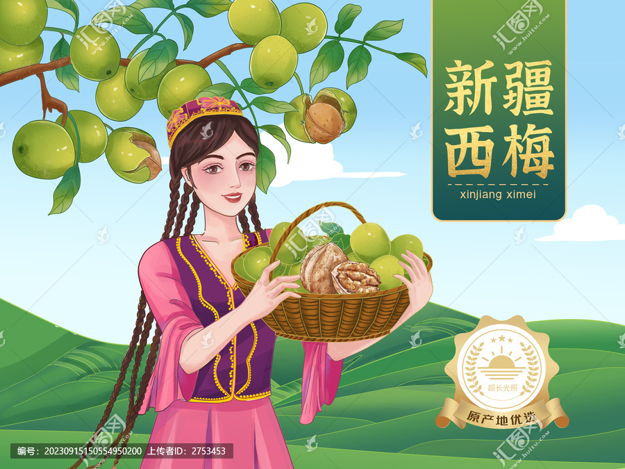 手繪新疆核桃插畫