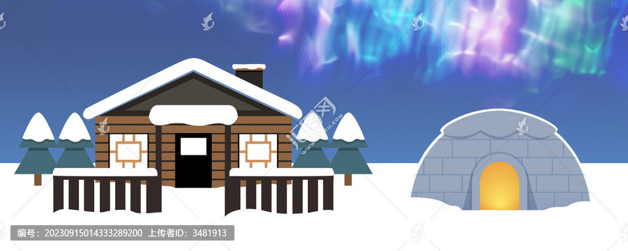 冬季雪房子極光夜景素材